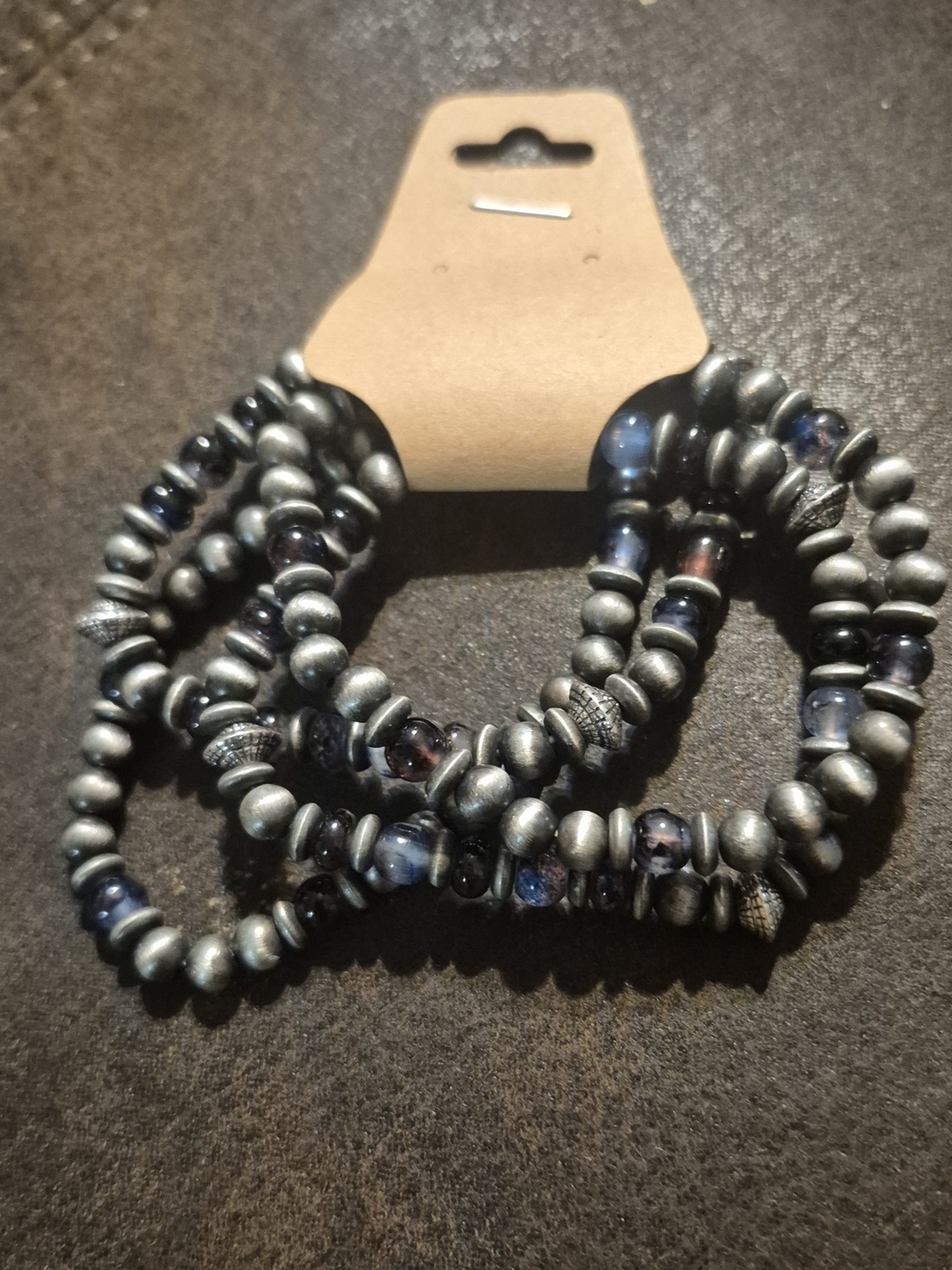 Layered Beaded Stretch Bracelet Set - Navy Blue and Silver Tones